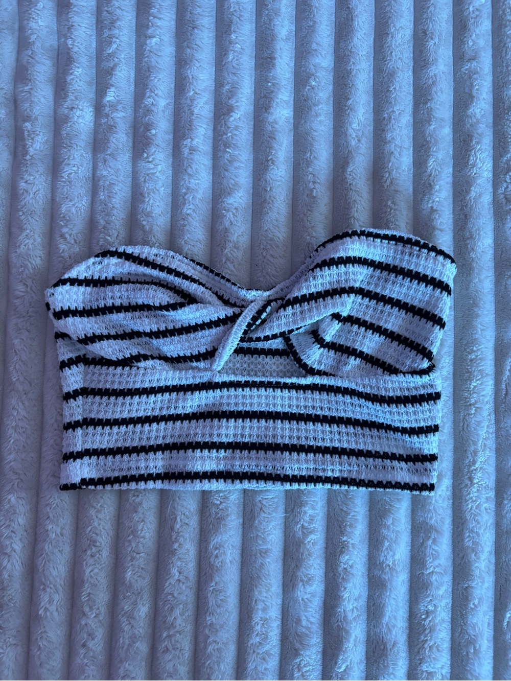 Striped Knit Strapless Crop Top - Black & White